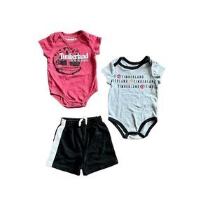 Timberland 3 Piece Set Red Grey Bodysuit Black Short Graphics sz 18 months